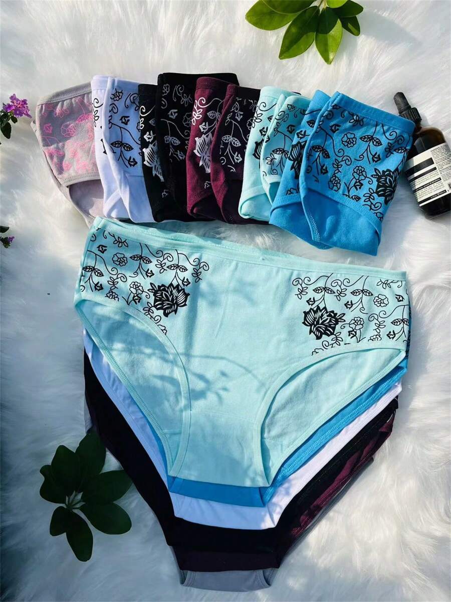 12 Pcs/Set Mid Waist Pure Cotton Print Panties Women Body Slimming Underwear Breathable Girls Briefs Sexy Comfort Ladies Lingerie(6 Color Random Delivery) - 彩色 - 查看 1