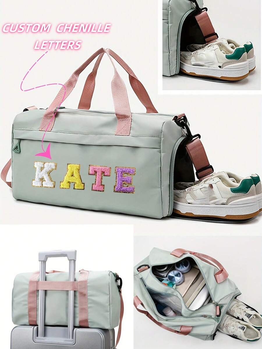 1 Piece Customize Your Name Logo With Random Color Chenille Letters On Duffel Bag For Women – Casual Polyester Weekender Bag With Shoe Compartment, Personalized Gym Sports Travel Bag With Adjustable Strap Suitable For Travel, Gym & Sports Perfect Gift For Travelers & Fitness Enthusiasts