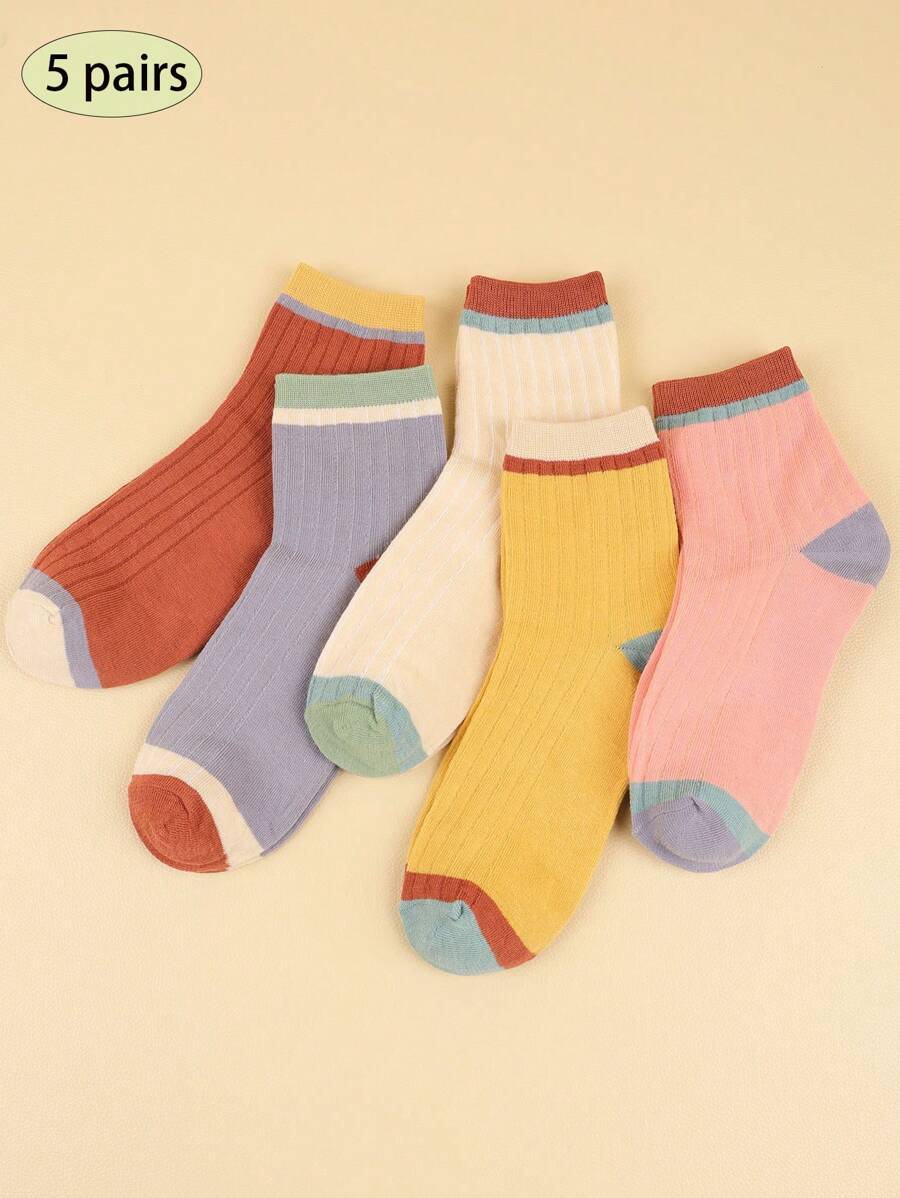 5 双女士薄款休闲时尚透气吸湿排汗袜，4 种款式，秋季袜子 - 彩色 - 查看 1