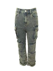 Jeans negros de talle alto con solapa y bolsillo para mujer, jeans anchos de pierna larga de algodón negro sueltos con botones, bolsillos y cremallera para mujer, uso diario casual en primavera/otoño - Azul - Ver 3