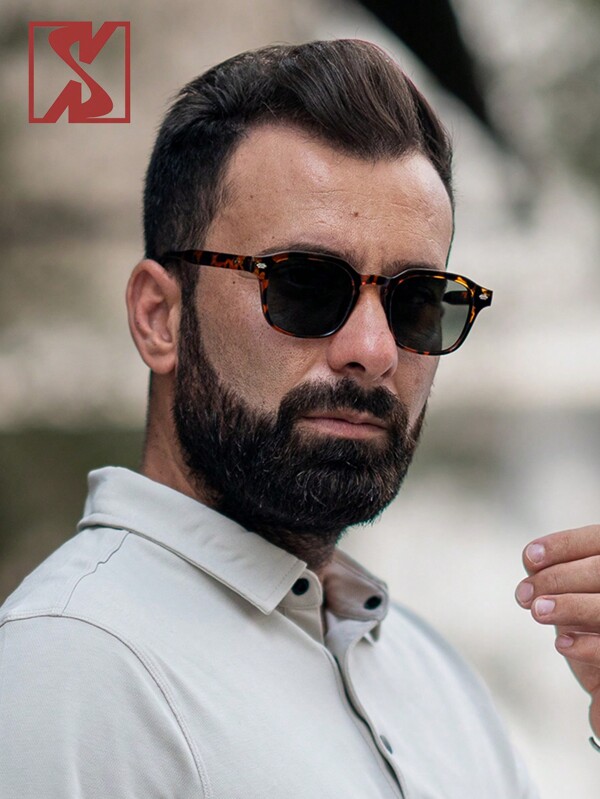 SHEEN KELLY 1 pieza Gafas de moda con marco cuadrado y decoración de remache con estampado de carey para hombre, adecuadas para exteriores, viajes, regalos de festival, accesorios bohemios, accesorios de playa, look de estilo callejero y adecuado para suéteres, chaquetas, sudaderas, pantalones y pantalones cargo para verano, vacaciones, exteriores y viajes.