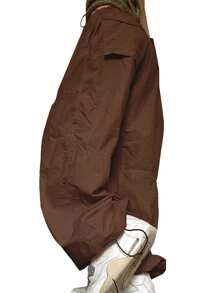 Women Solid Color Loose Trousers High Waist Casual Long Pants For Spring - Brown - View 4