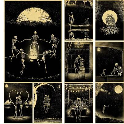 1pc Wall Arts Posters Frameless Black Cat Nostalgic Poster Canvas Paper Print Salon Decoration Cartoon Picture 2022 Arrival Decorative Wall Sticker Bedroom Painting Vintage