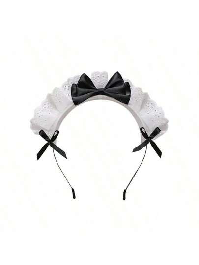 1pc Vintage French Lace Bow Headband For Women Maid Cosplay Headpiece Set Halloween