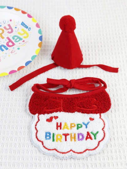 1pc Pet Birthday Set - 1pc Pet Hat And 1pc Slogan Embroidered Pet Bib, Suitable For Cat & Dog Birthday Party