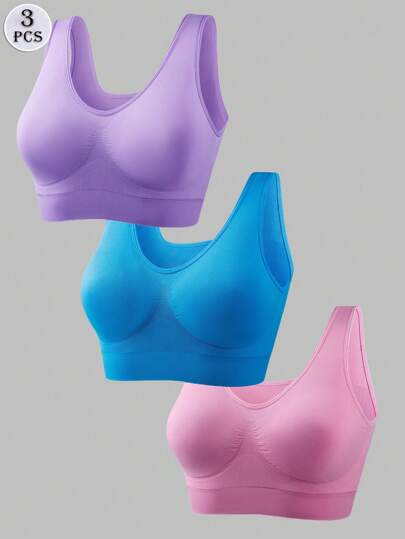 3pcs/Set Women Plus Size Sports Bra Set, Solid Color Seamless Padless Multifunctional Sports Bra