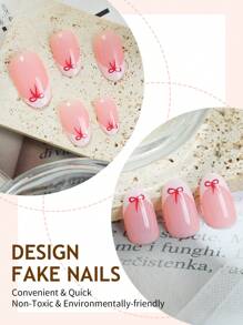 Bộ 24 móng giả nghệ thuật tối giản dễ thương, móng giả hình bầu dục cỡ trung bình, đầu móng nhọn kiểu Pháp màu trắng, thiết kế nơ đỏ, móng giả bóng, phù hợp cho nữ sử dụng hàng ngày, bao gồm dũa móng và dụng cụ làm móng gel. - Nhiều màu - Xem 3