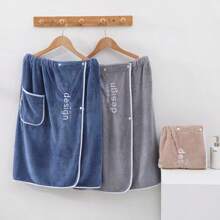 1pc Men's Fashion Bathrobes, Minimalist Soft Coral Fleece Water-Absorbent Quick-Dry Embroidered Letter Design, Large Pockets, Elastic Waist, Can Be Worn As Swimsuit Cover Up, Suitable For Home, Hotel, Beach, Gym Home Bathroom Decor Fall Decor Back To School For Beauty Salon Home Bathroom