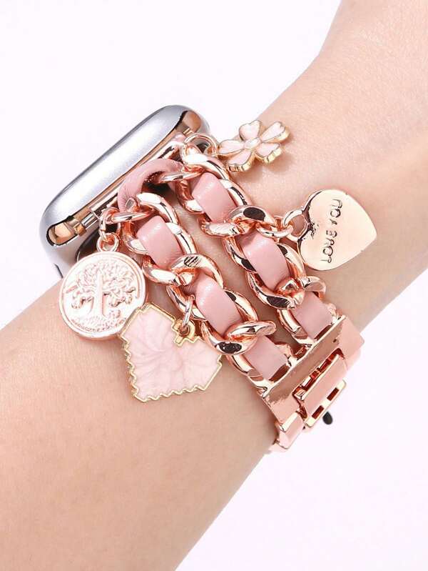 1st Compact Parfum Roze Ketting-Style Legering Elegante Polsband Met Dubbele Rij Leren Decoratie En Hanger, Compatibel Met Apple Watch