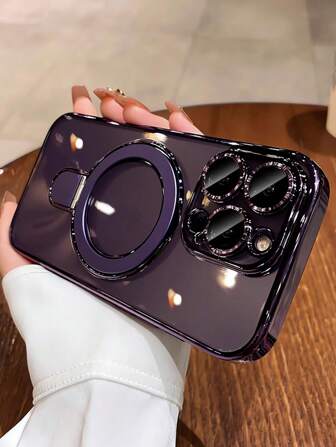 1pc Transparent Electroplated Shockproof Silicone Phone Case With Metal Sliding Stand/Shockproof Phone Case, TPU Material, Suitable For IPhone 15 Pro Max/16 Pro Max/16 Pro/11/12/13/14 Pro Max/14 Pro/13 Pro Max/16, 17, 17 Pro, 17 Pro Max/S24/S24 Ultra/S25/S25 Ultra, Supports Wireless Magnetic Charging