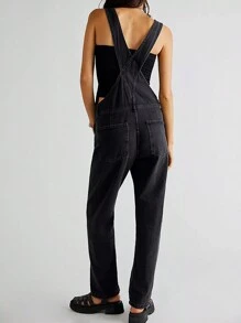 Women Denim Long Jumpsuit Casual Spaghetti Strap Wide Leg Romper Pants Summer Baggy Bib Overalls - Black - View 2