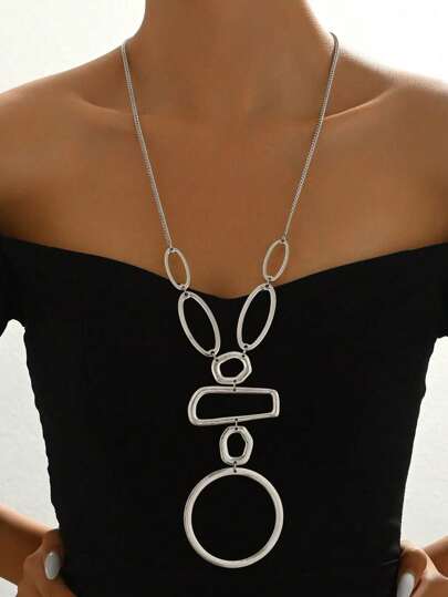 1pc Fashionable & Elegant Geometric Hollow Circle & Rectangle Splice Long Necklace, Metal Style Jewelry, Suitable For Party, Dress Matching