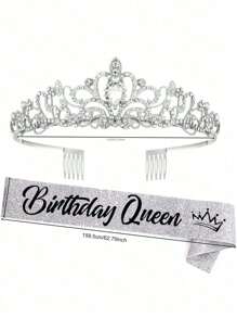 Bộ 2 chiếc thắt lưng "Birthday Queen" và vương miện đính đá - Vải bạc lấp lánh có chữ cái bằng giấy bạc màu đen Thắt lưng nữ sinh nhật + Vương miện đính đá Quà tặng tiệc sinh nhật Quà tặng tiệc sinh nhật - Nhiều màu - Xem 2