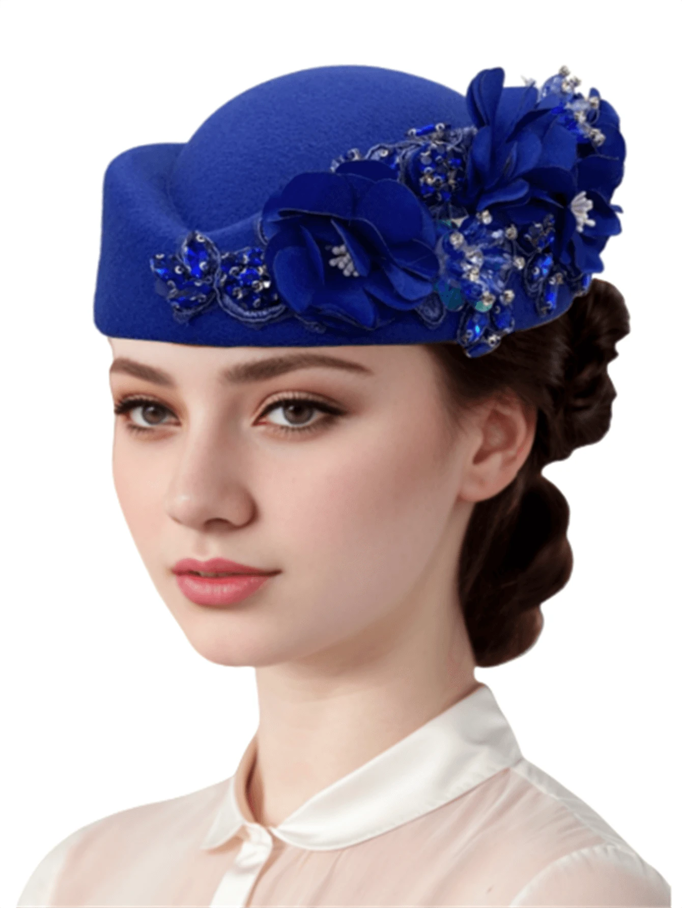 1Pc Felt Turban Hat Pillbox Hats For Women Derby Hat Fascinator Hats With Flower Embellished Elegant Ladies Tea Party Hats Vintage Beret Hat Decorated With Rhinestone Fashion Fedoras Cap For Cosplay Costume Accessories For Wedding Party Women Ladies Gift 2024 New Style. - Multicolor - View 6