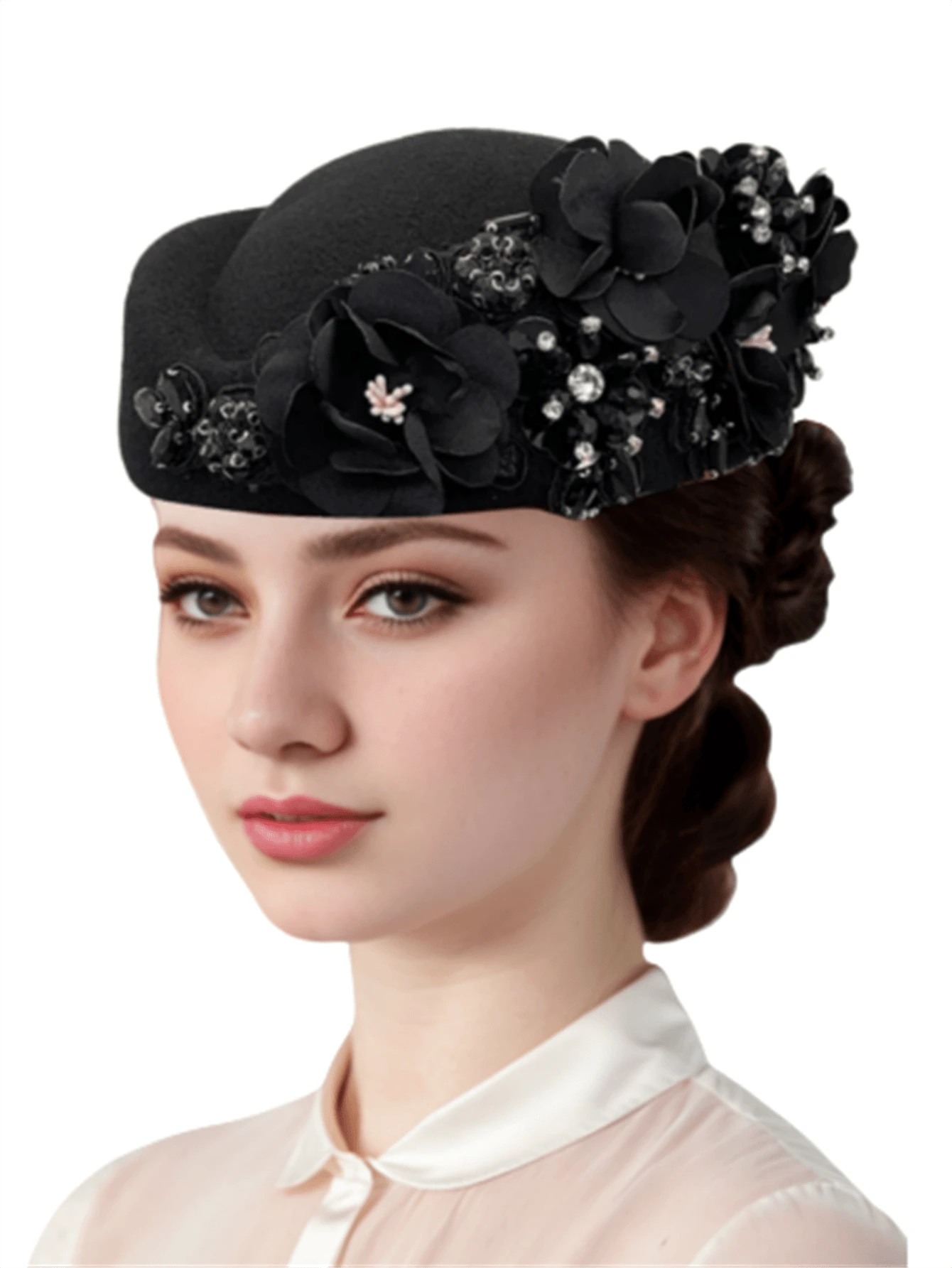 1Pc Felt Turban Hat Pillbox Hats For Women Derby Hat Fascinator Hats With Flower Embellished Elegant Ladies Tea Party Hats Vintage Beret Hat Decorated With Rhinestone Fashion Fedoras Cap For Cosplay Costume Accessories For Wedding Party Women Ladies Gift 2024 New Style. - Multicolor - View 2