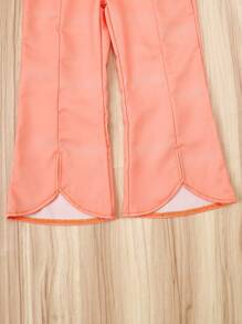 Conjunto de 2 piezas para niñas con camisa fruncida y pantalones con cintura elástica acampanados, top con estampado floral de manga corta abultada y pantalones elegantes para uso al aire libre en verano