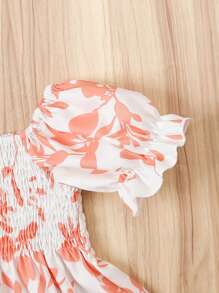 Conjunto de 2 piezas para niñas con camisa fruncida y pantalones con cintura elástica acampanados, top con estampado floral de manga corta abultada y pantalones elegantes para uso al aire libre en verano