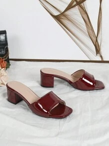 Fashionable Wine Red Glossy High Heel Sandals, Casual Vacation Chunky Heels Slip-On Slippers For Women