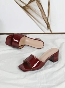 Fashionable Wine Red Glossy High Heel Sandals, Casual Vacation Chunky Heels Slip-On Slippers For Women