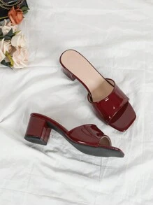 Fashionable Wine Red Glossy High Heel Sandals, Casual Vacation Chunky Heels Slip-On Slippers For Women