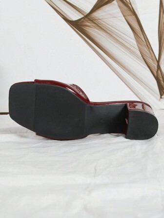 2025 Elegant Women's Burgundy High Heel Sandals, Summer Fashion Burgundy Elegant High Heel Slip-On Chunky Heel Square Toe Mules