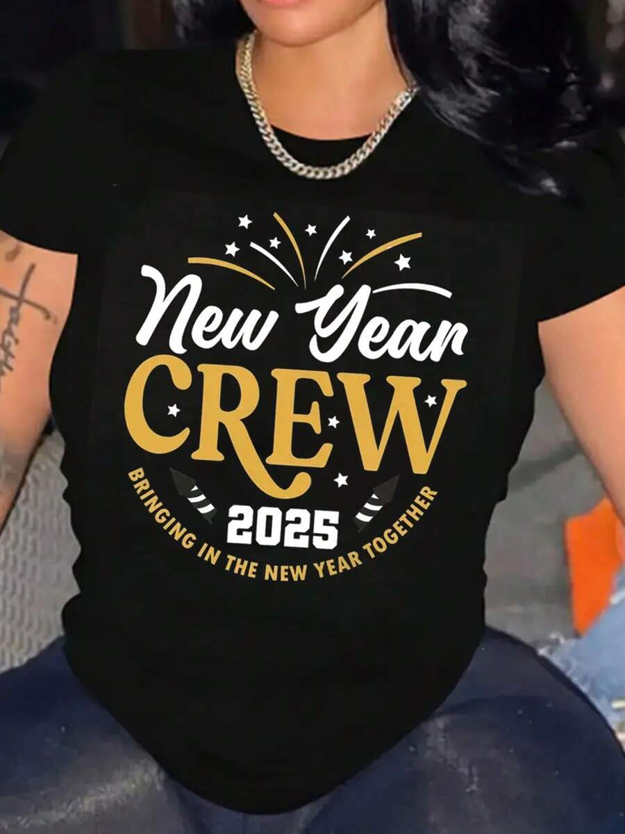 Camiseta de algodón con impresión del equipo del Año Nuevo 2025 para mujer - perfecta para el uso diario y actividades al aire libre - Negro - Ver 1