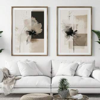 现代极简主义艺术米色黑色花朵抽象艺术海报 2 件套，植物中性画廊墙，花卉墙艺术画廊套装，北欧抽象水墨花卉简约装饰，无框架