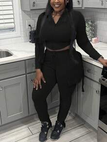 Women Spring And Fall Two Pieces Set High Stretchy And Hoodie Women Fashionalbe Solid Color Hooded Jackets & Leggings - Black - View 3