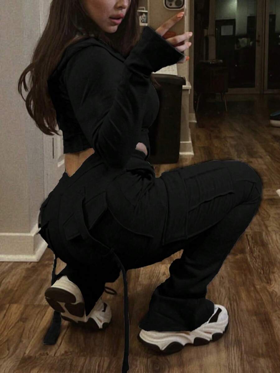 Women Spring And Fall Two Pieces Set High Stretchy And Hoodie Women Fashionalbe Solid Color Hooded Jackets & Leggings - Black - View 1