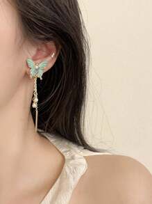 1 对优雅蓝色蝴蝶流苏吊坠耳环，日常百搭 - 藍色 - 查看 3