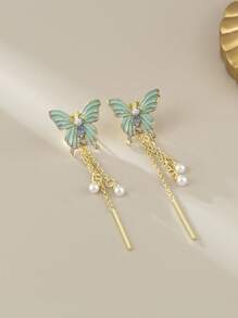 1 对优雅蓝色蝴蝶流苏吊坠耳环，日常百搭 - 藍色 - 查看 4