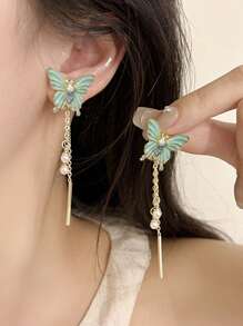 1 对优雅蓝色蝴蝶流苏吊坠耳环，日常百搭 - 藍色 - 查看 2