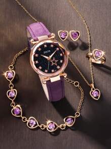 1 Reloj de cuarzo con esfera redonda decorada con diamantes de imitación y correa de PU negro y 5 piezas de set de joyería (pulsera, collar, anillo, aretes) decorados con diamantes de imitación con forma de corazón, para uso diario, fiestas y como regalo para estudiantes que vuelven a la escuela en San Valentín - Morado - Ver 1