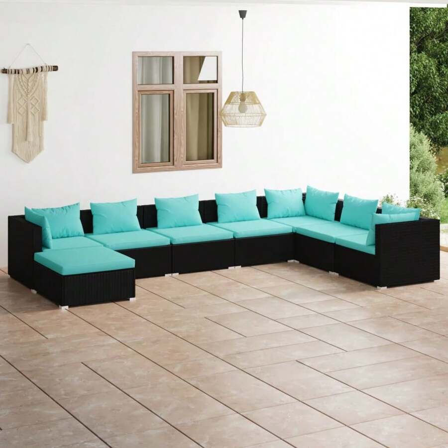 8 Piece Black Poly Rattan Outdoor Lounge Set With Cushions Comfortable Seating For Patio Garden And Balcony