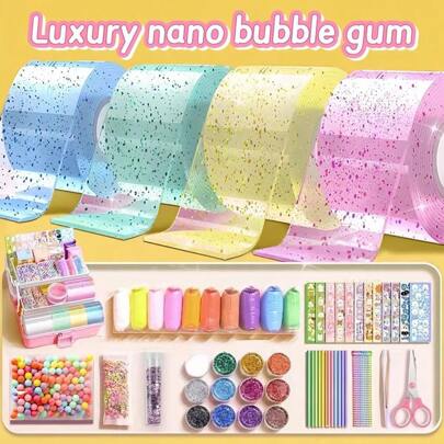 高品质纳米胶水挤压玩具泡泡吹管纳米胶水胶带、1m 双面胶 DIY 工艺用品套装、粘球胶水胶带 DIY 工艺胶带、纳米胶带泡泡套装、纳米泡泡、儿童泡泡、便宜、记号笔、儿童泡泡