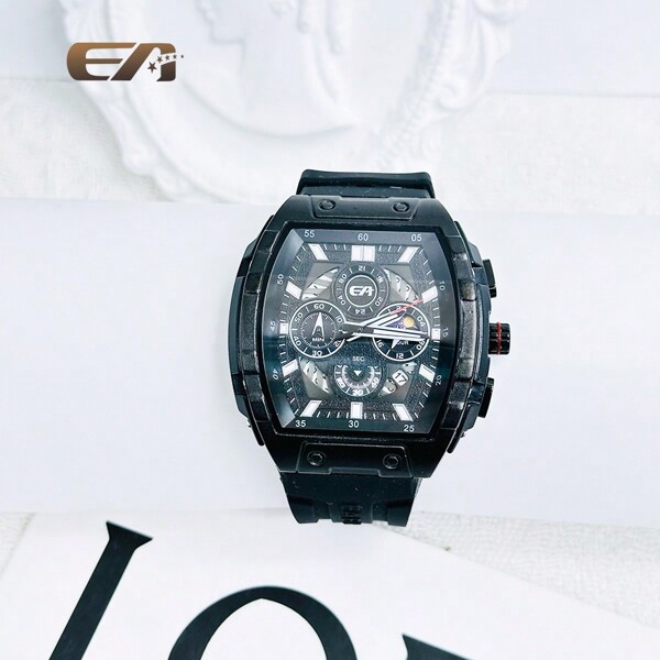 EA 1 pieza Reloj cronógrafo de hombre con correa de goma negra, esfera negra con diseño tipo barril deportivo, con caja de regalo para novio, regalo de Navidad