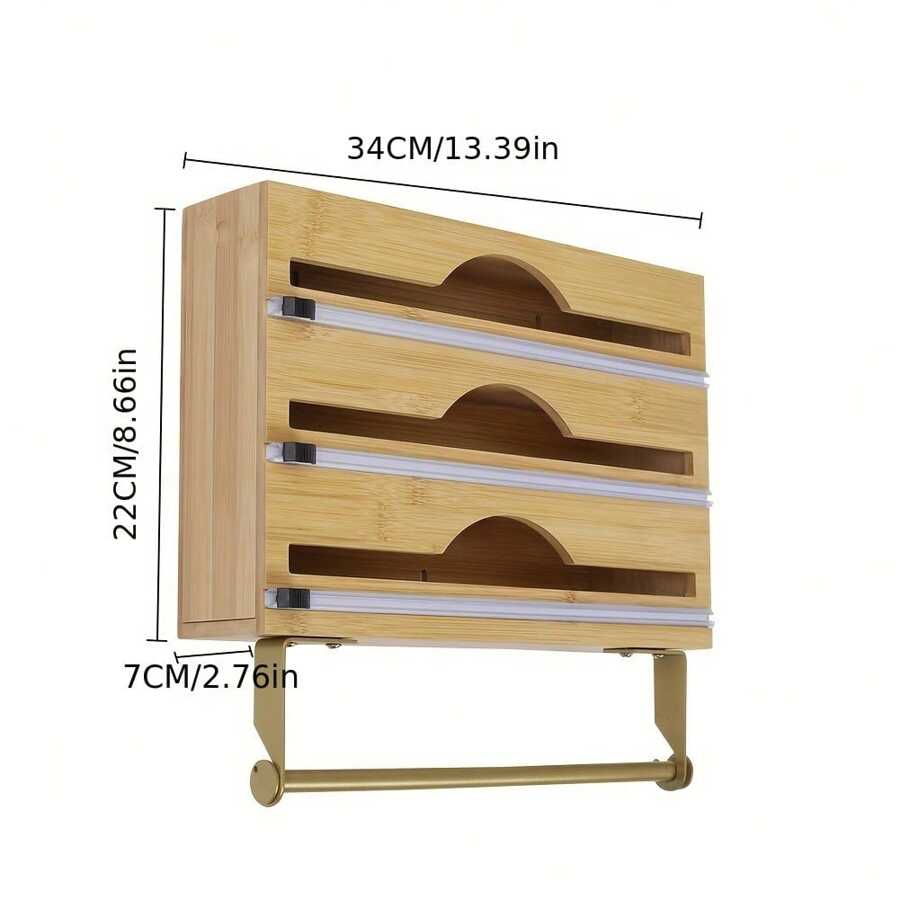 4 In 1 Bamboo Wrap Dispenser With 3 Compartments, Perfect For Plastic, Foil & Parchment Paper Rolls Towels, Kitchen Essential Wall-Mounted Multifunctional Organizer - 4 In 1 Bamboo Foil Dispenser - View 1