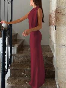 女士纯色不对称领无袖连衣裙，优雅端庄，适合春夏度假、派对、节日穿着。 - 酒紅色 - 查看 3