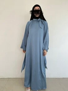 1pc Women Modest Abaya Robe, Elegant Casual Soft Elegant Fashionable Humble Simple Satin Solid Color Loose Design Sleeve Neck Drawstring Maxi Robe Cardigan, Comfortable Soft Breathable Skin-Friendly Fabric, Suitable For Festivals, Daily, Outdoor, Gatherings