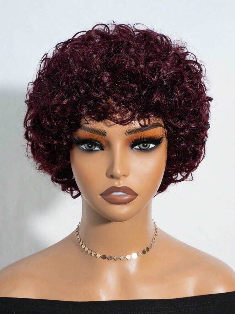 Human Hair Short Deep Curly Bob Wigs With Bangs 6 Inch Brazilian Afro Curly Human Hair Wigs Glueless Machine Made Short Pixie Cut Wigs For Women 99J Burgundy Color - S99J - View 2
