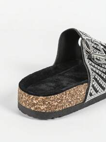 roulvxiang New Black Glass Rhinestone Glitter Flat Slipper Fluffy Wedge Sandals Women's Slip-On Beach Slides - Black and White - View 7