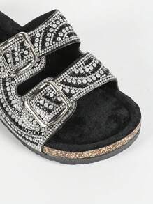 roulvxiang New Black Glass Rhinestone Glitter Flat Slipper Fluffy Wedge Sandals Women's Slip-On Beach Slides - Black and White - View 8