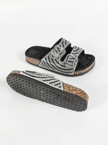 roulvxiang New Black Glass Rhinestone Glitter Flat Slipper Fluffy Wedge Sandals Women's Slip-On Beach Slides - Black and White - View 6