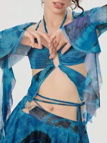 Women Y2k Butterfly Outfit 3 Piece Backless Long Sleeve Crop Top Mini Skirt Sets Rave Festival Fairy Streetwear Fairycore Beach Club - 藍色 - 查看 7