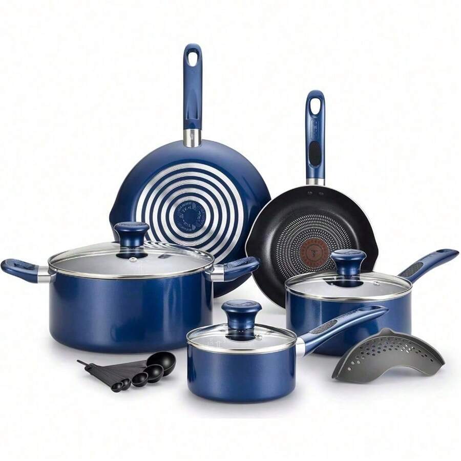 T-Fal Excite ProGlide Nonstick Thermo-Spot Heat Indicator Dishwasher Oven Safe Cookware Set, 14-Piece, Blue - Blue - View 1