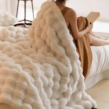 1 pieza Manta de piel de conejo falsa, lujosamente cálida, suave y acogedora, adecuada para la sala de estar, el dormitorio, el sofá, la decoración del hogar, un gran regalo para Navidad