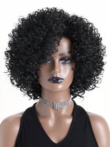 Women's 12-Inch Fluffy Afro Kinky Curly Wig, High Temperature Fiber Black Short Curly Hair Wig For Daily Wear Or Gatherings - màu đen - Xem 2