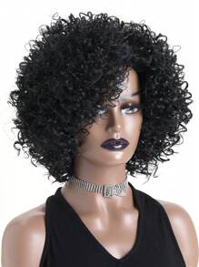 Women's 12-Inch Fluffy Afro Kinky Curly Wig, High Temperature Fiber Black Short Curly Hair Wig For Daily Wear Or Gatherings - màu đen - Xem 3