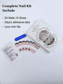 情人节按压指甲短方形法式假指甲带心形闪光设计假指甲黑白法式尖头胶钉全覆盖光泽情人节粘贴指甲女士 24 件