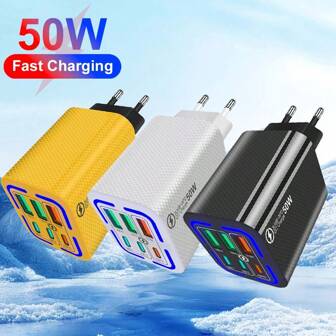 50W 3USB+3PD-laddare, snabbladdningsadapter kompatibel med den senaste Apple-modellen, kompatibel med iPhone 16, 15, 14, 13, 12, iPad, surfplattor och andra smartphones, ultrasnabb laddning lämplig för resor, kontor, studenthem och hemmet, multiport-nan